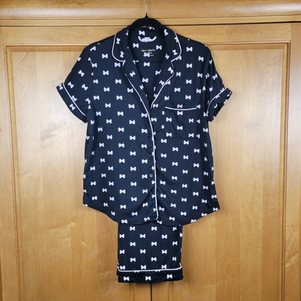 Women's Soft 2 Pc Kate Spade Pajama Set Black Pale Pink Bows - M - Picture 2 of 13